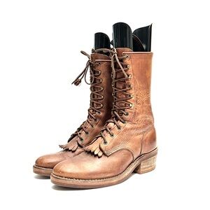 Vintage 1980s brown leather men's kiltie fringe mid calf lace up roper boots